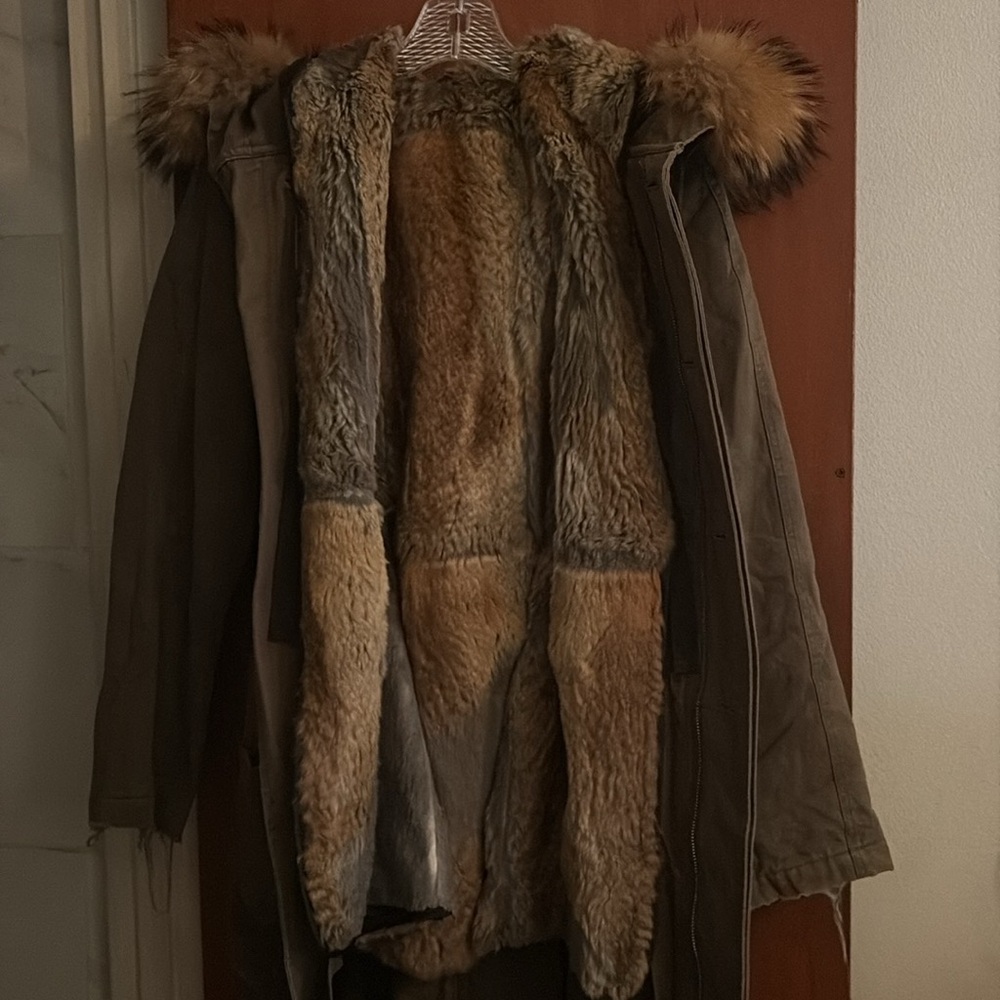 Brown Fur-Lined Parka with Rabbit Fur Trim